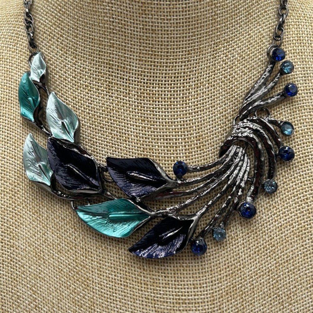 Tommy Hilfiger Repurposed Tie Necklace Set Blue Crystal Brooch Enamel Earrings - Picture 10 of 13